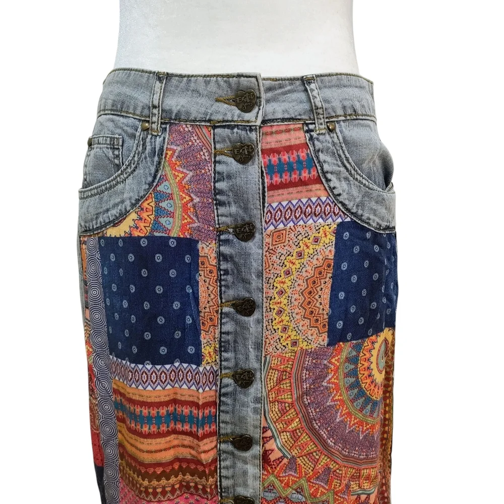 Desigual Wearable Art Multicolor Patchwork Denim Creative Artistic Maxi Skirt - Picture 6 of 16